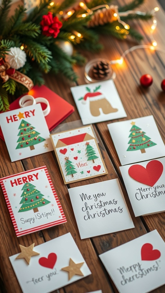 A variety of handmade Christmas cards with colorful designs and festive decorations on a wooden table.